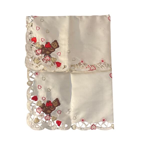 Vintage Embroidered Tablecloth Teddy Bears & Red Gold Hearts Valentine 33”x33” - Picture 1 of 7
